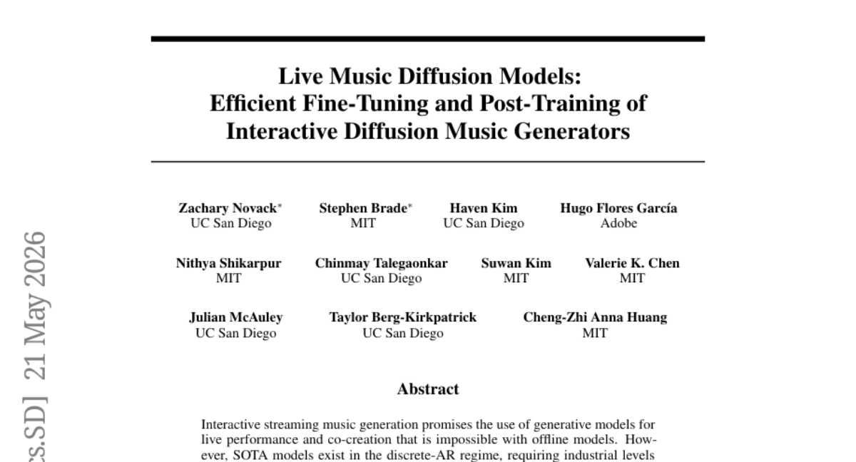 Live Music Diffusion Models: Efficient Fine-Tuning and Post-Training of Interactive Diffusion Music Generators thumbnail